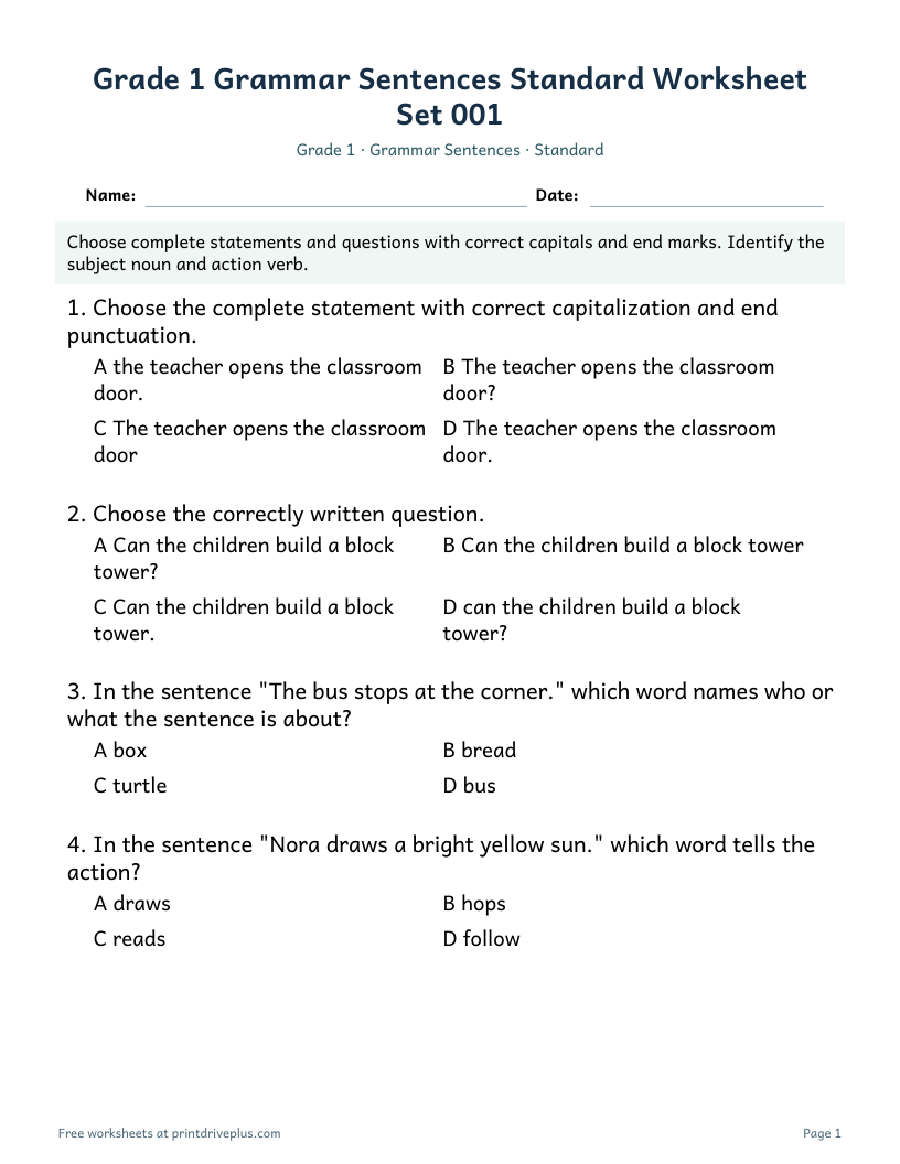 Preview of Grade 1 Grammar Sentences Standard Worksheet Set 001