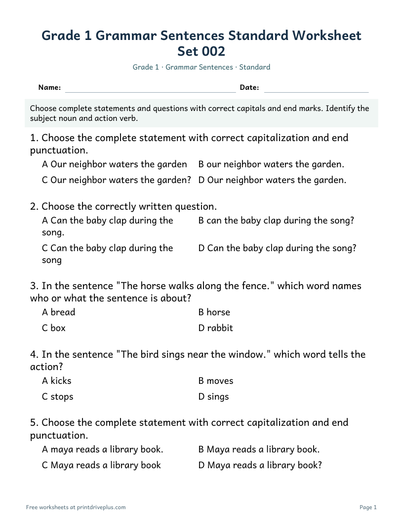 Preview of Grade 1 Grammar Sentences Standard Worksheet Set 002