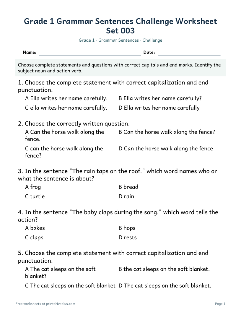 Preview of Grade 1 Grammar Sentences Challenge Worksheet Set 003