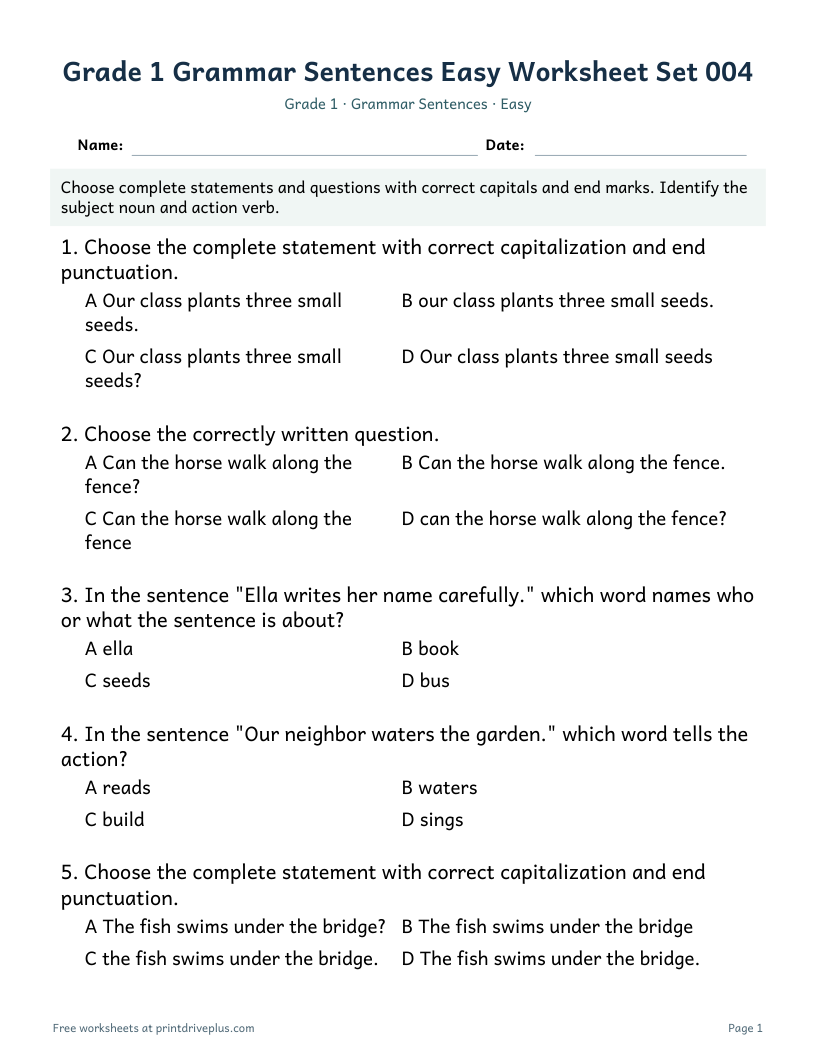 Preview of Grade 1 Grammar Sentences Easy Worksheet Set 004