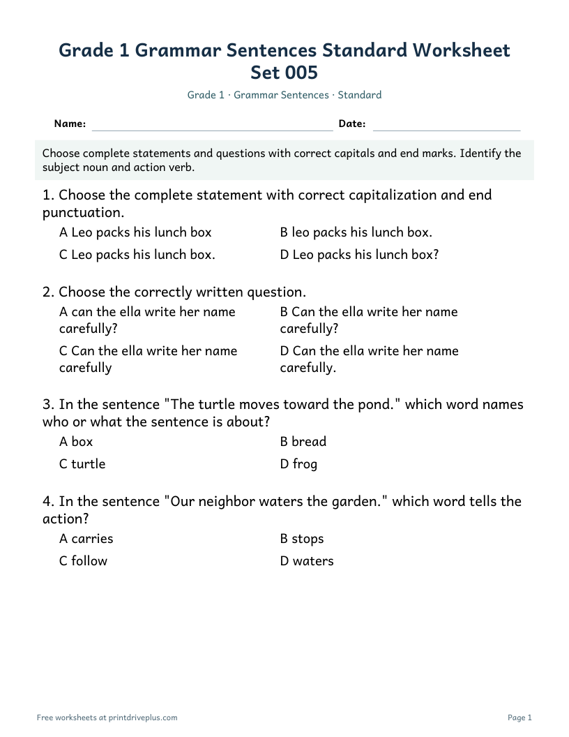 Preview of Grade 1 Grammar Sentences Standard Worksheet Set 005