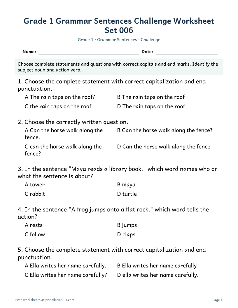 Preview of Grade 1 Grammar Sentences Challenge Worksheet Set 006