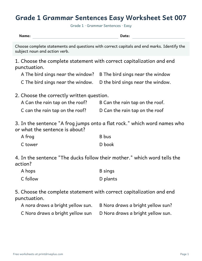 Preview of Grade 1 Grammar Sentences Easy Worksheet Set 007
