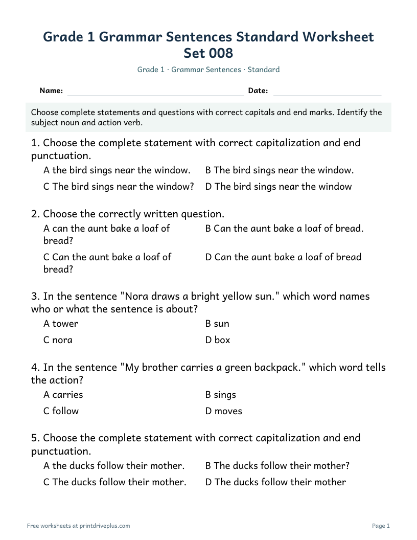 Preview of Grade 1 Grammar Sentences Standard Worksheet Set 008