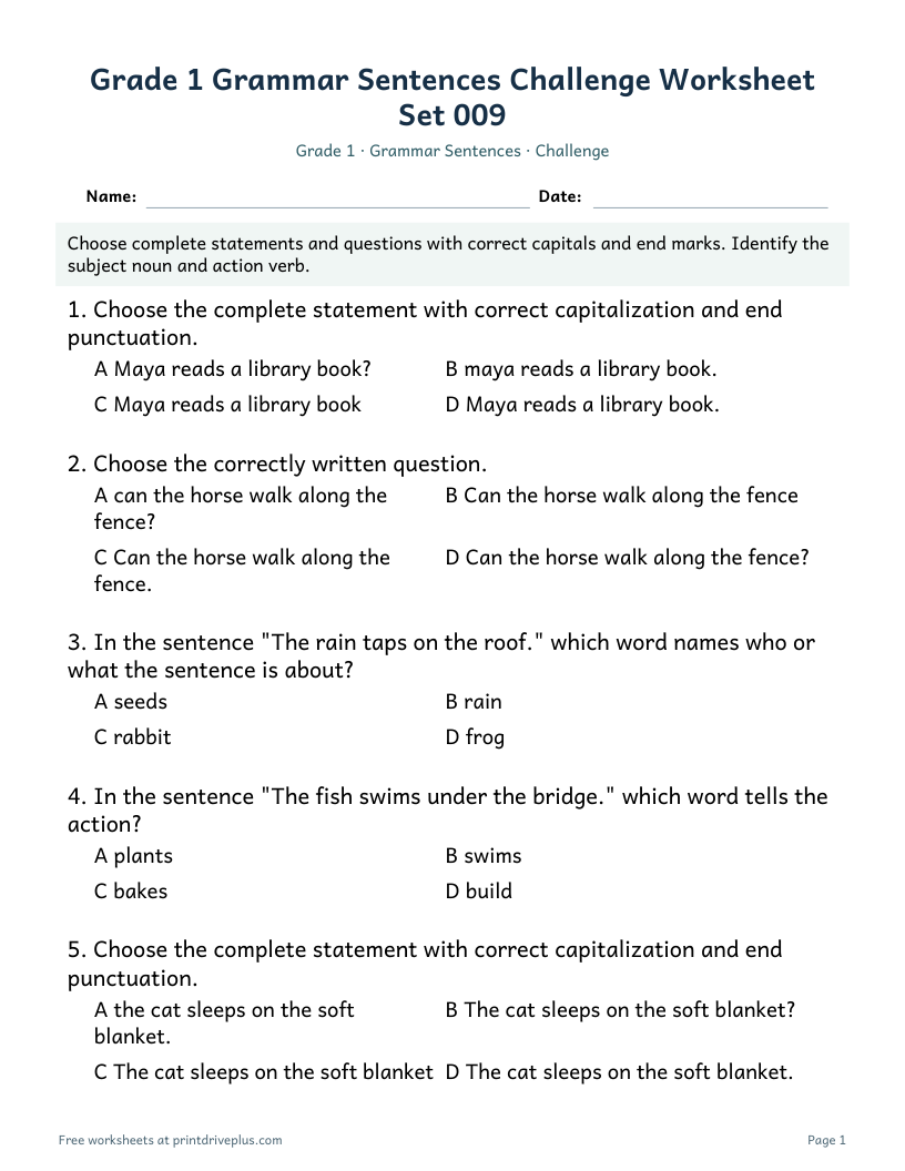 Preview of Grade 1 Grammar Sentences Challenge Worksheet Set 009