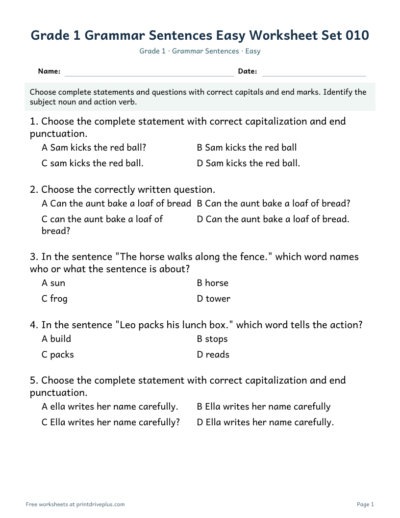 Preview of Grade 1 Grammar Sentences Easy Worksheet Set 010