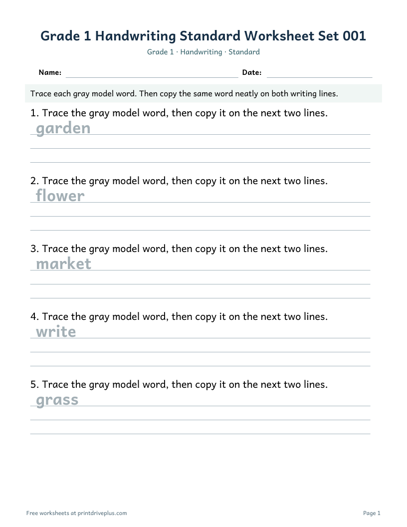 Preview of Grade 1 Handwriting Standard Worksheet Set 001