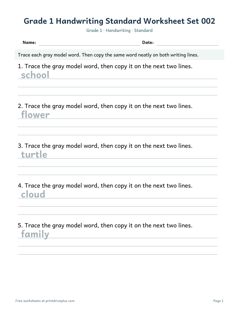 Preview of Grade 1 Handwriting Standard Worksheet Set 002