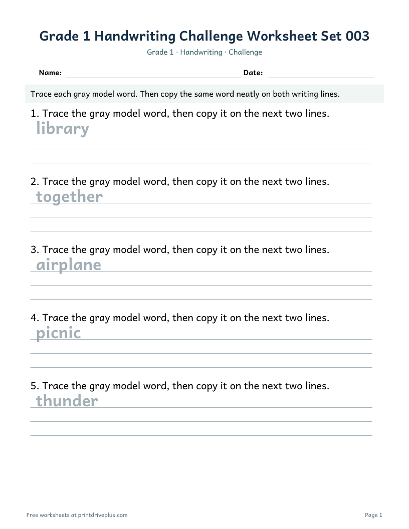 Preview of Grade 1 Handwriting Challenge Worksheet Set 003