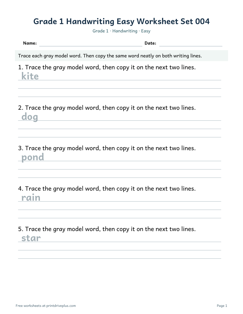 Preview of Grade 1 Handwriting Easy Worksheet Set 004