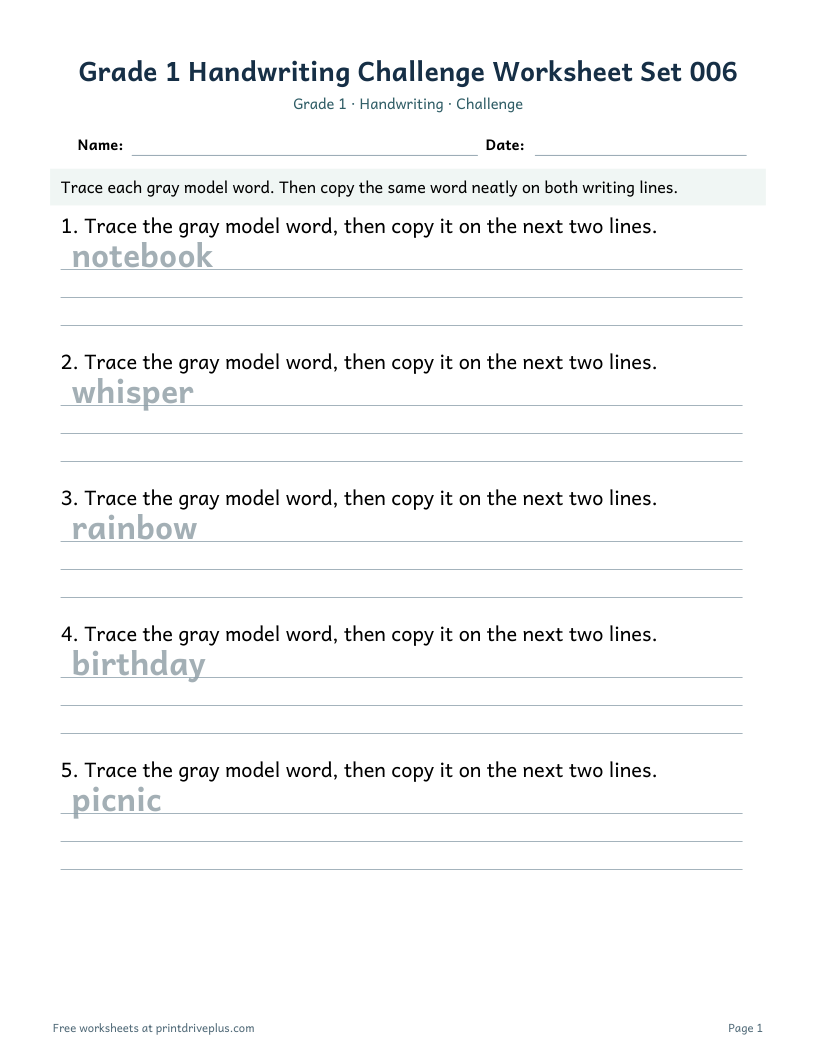 Preview of Grade 1 Handwriting Challenge Worksheet Set 006