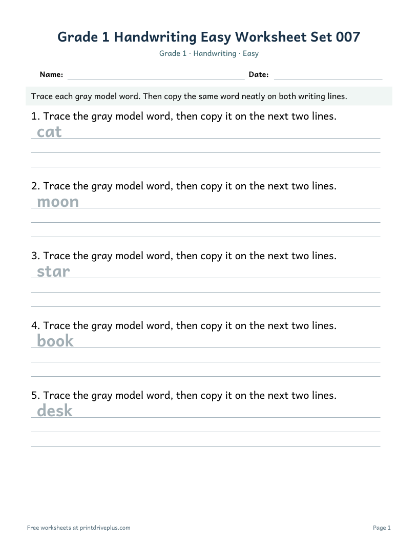 Preview of Grade 1 Handwriting Easy Worksheet Set 007
