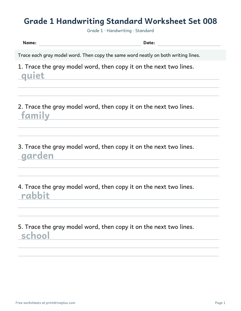 Preview of Grade 1 Handwriting Standard Worksheet Set 008