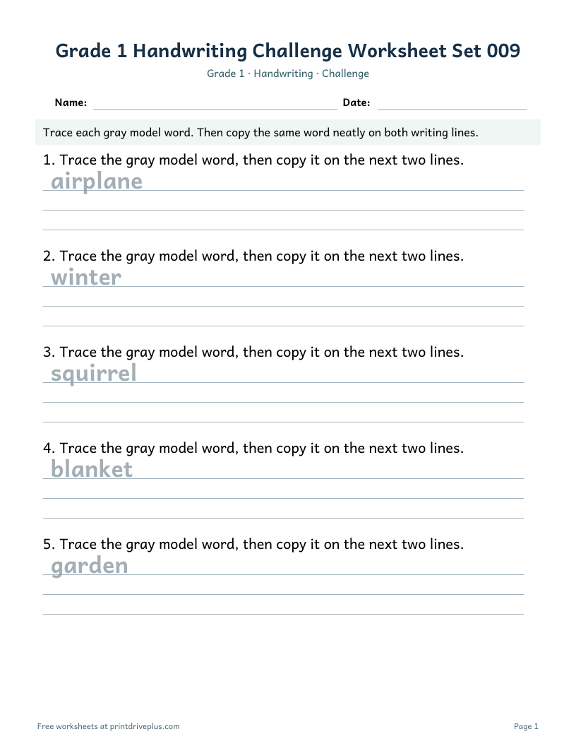 Preview of Grade 1 Handwriting Challenge Worksheet Set 009