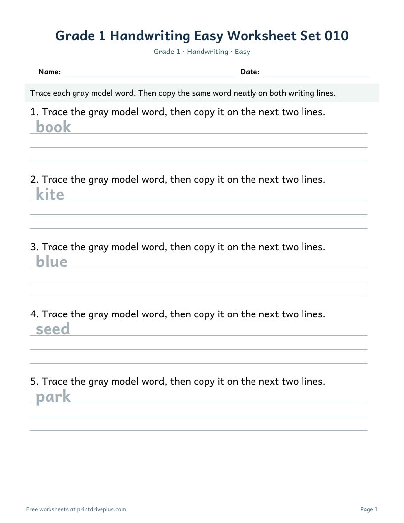 Preview of Grade 1 Handwriting Easy Worksheet Set 010