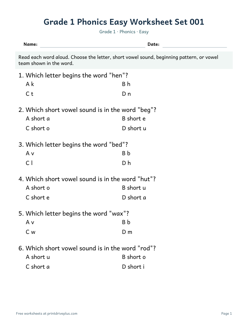 Preview of Grade 1 Phonics Easy Worksheet Set 001