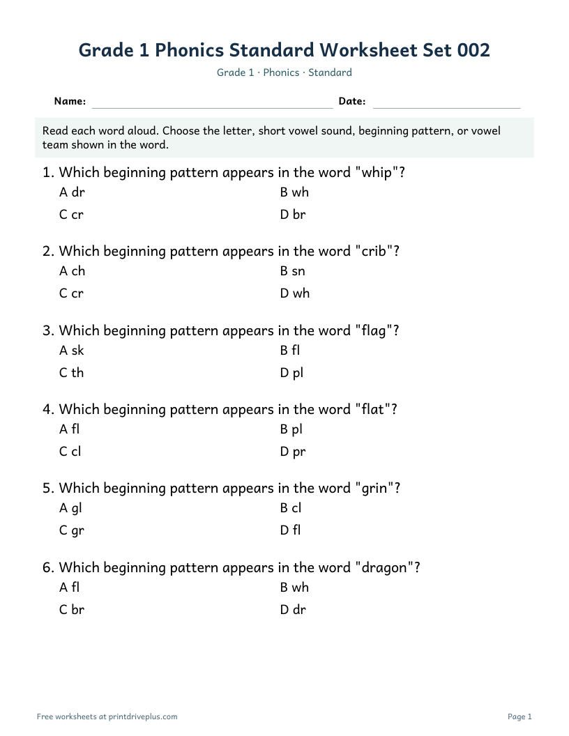 Preview of Grade 1 Phonics Standard Worksheet Set 002