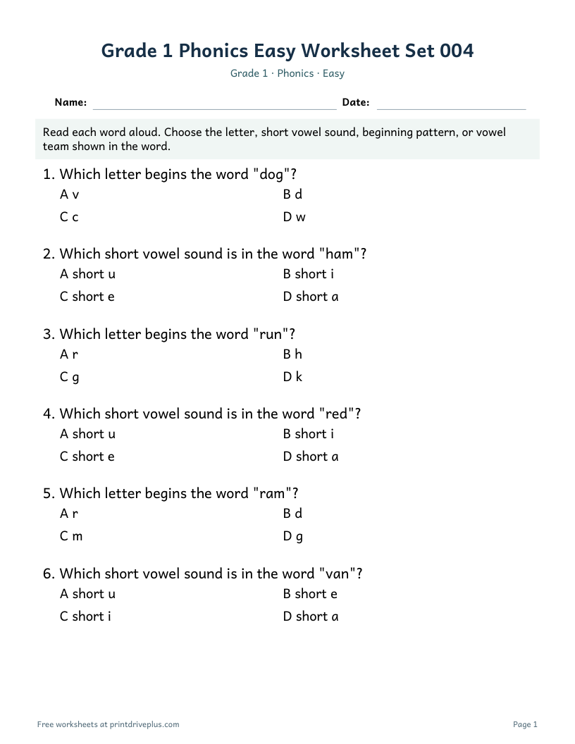 Preview of Grade 1 Phonics Easy Worksheet Set 004