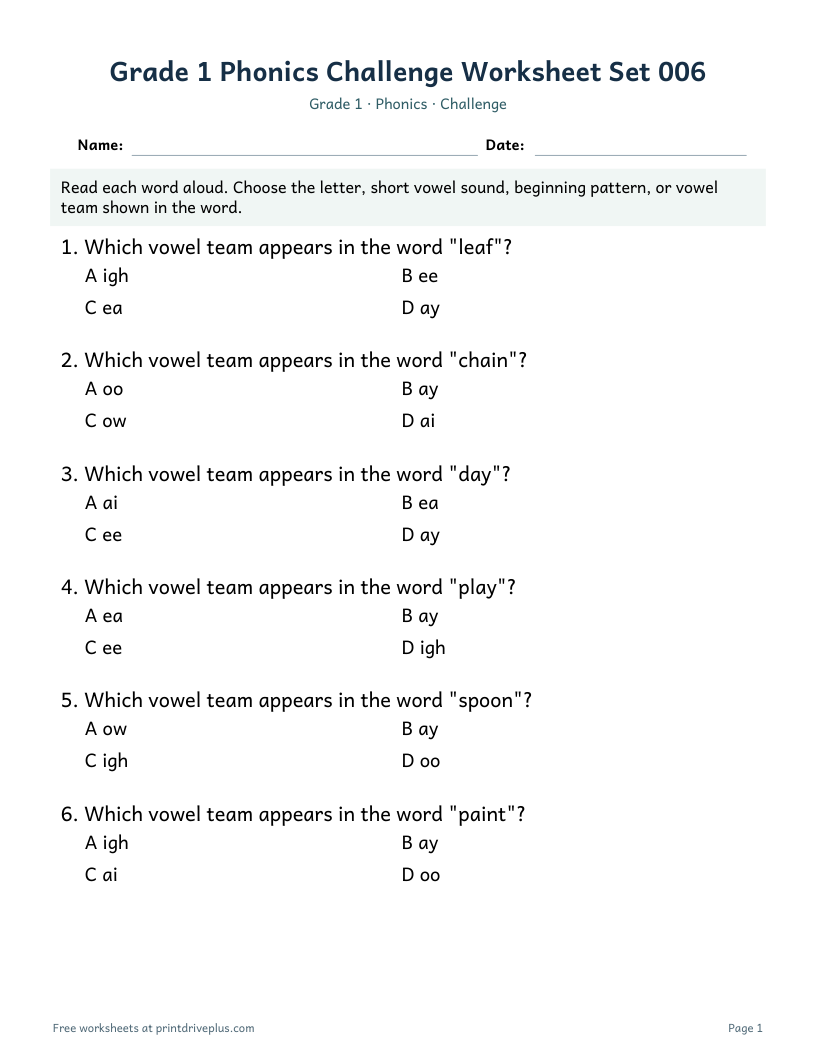 Preview of Grade 1 Phonics Challenge Worksheet Set 006