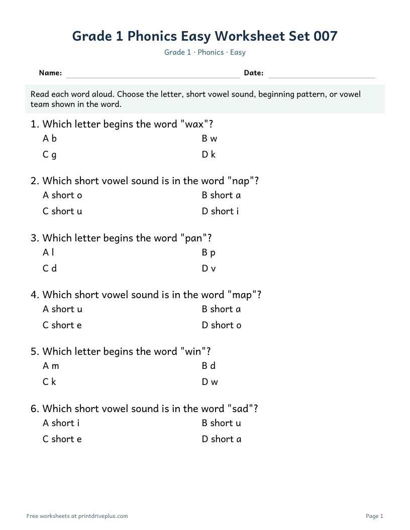 Preview of Grade 1 Phonics Easy Worksheet Set 007