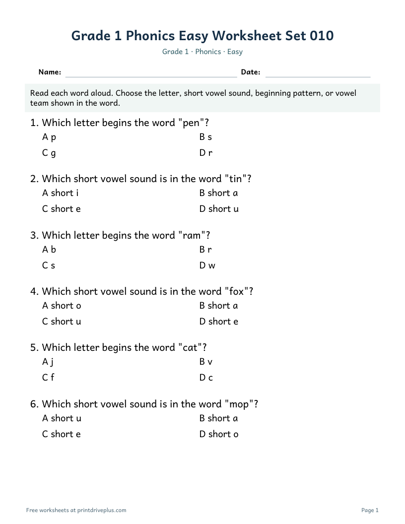 Preview of Grade 1 Phonics Easy Worksheet Set 010
