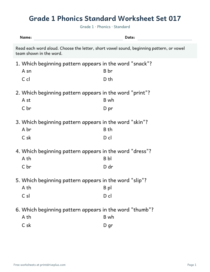 Preview of Grade 1 Phonics Standard Worksheet Set 017