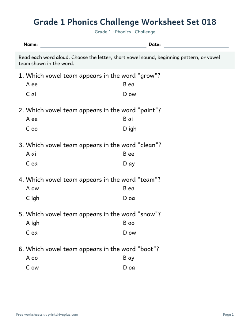 Preview of Grade 1 Phonics Challenge Worksheet Set 018