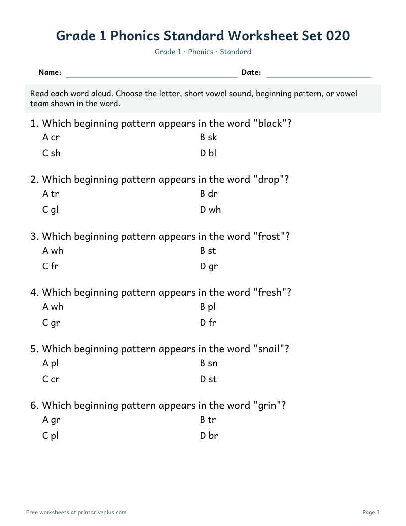 Preview of Grade 1 Phonics Standard Worksheet Set 020