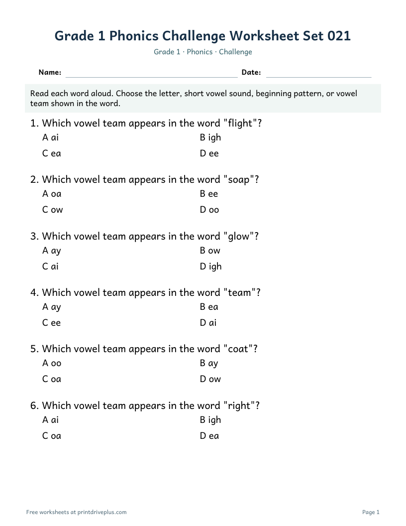 Preview of Grade 1 Phonics Challenge Worksheet Set 021