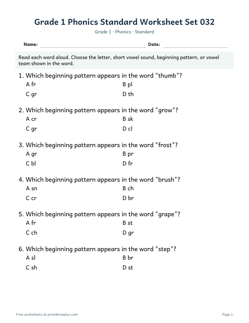 Preview of Grade 1 Phonics Standard Worksheet Set 032