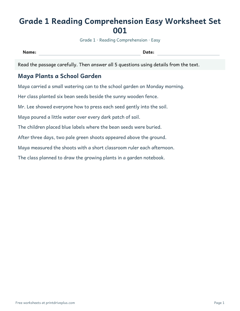 Preview of Grade 1 Reading Comprehension Easy Worksheet Set 001