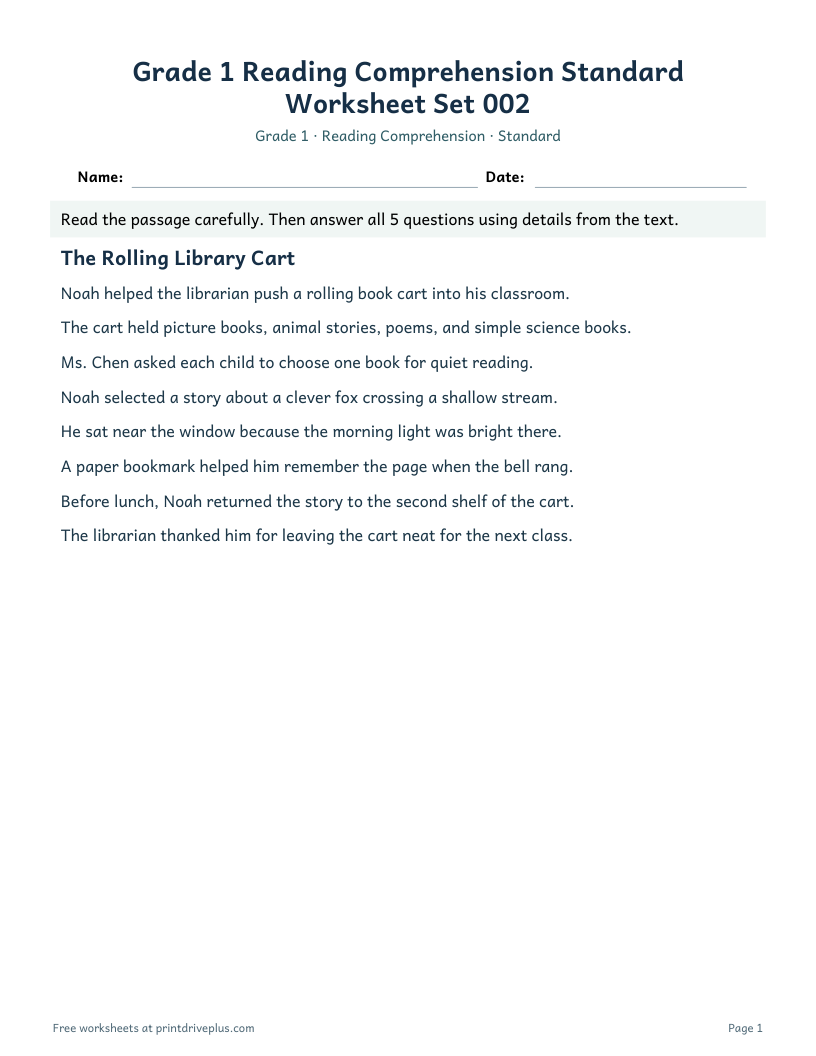 Preview of Grade 1 Reading Comprehension Standard Worksheet Set 002
