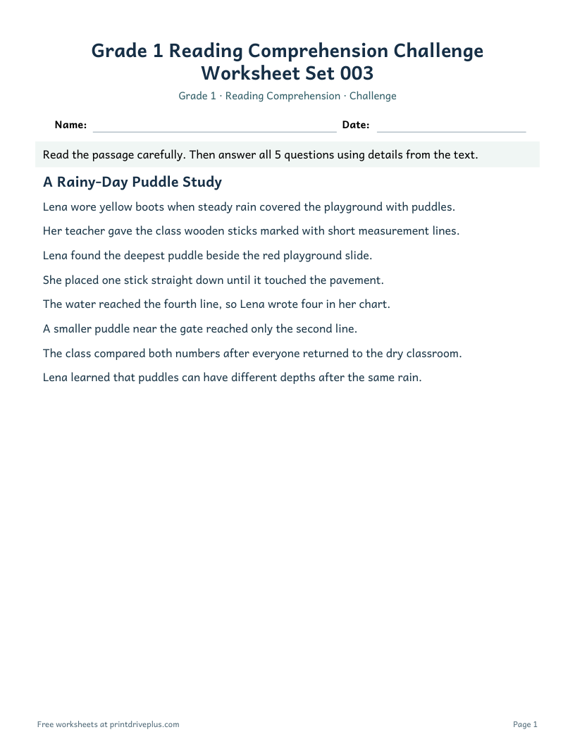 Preview of Grade 1 Reading Comprehension Challenge Worksheet Set 003
