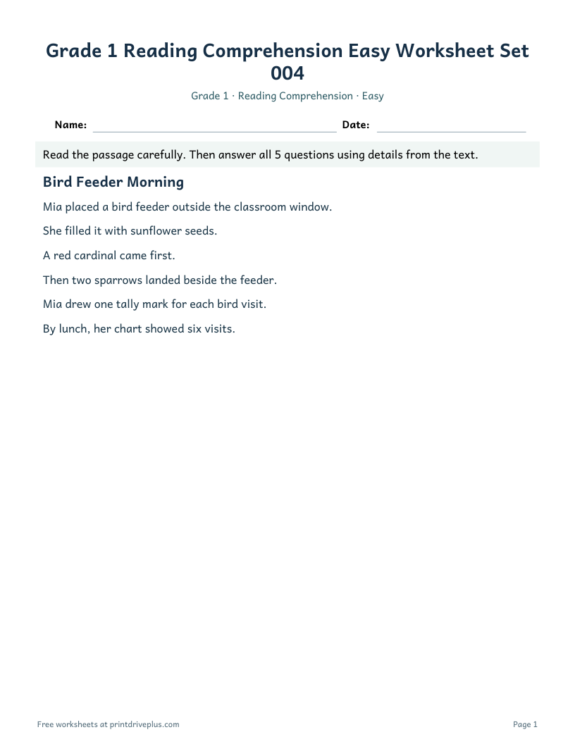 Preview of Grade 1 Reading Comprehension Easy Worksheet Set 004