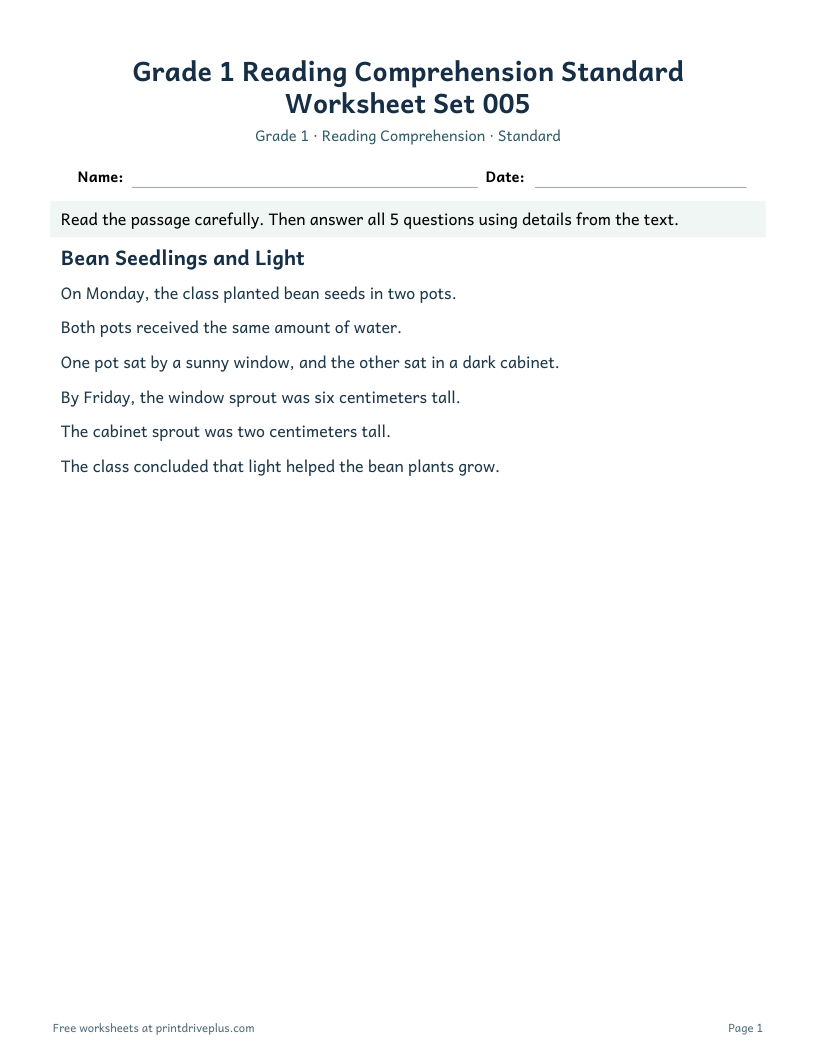 Preview of Grade 1 Reading Comprehension Standard Worksheet Set 005
