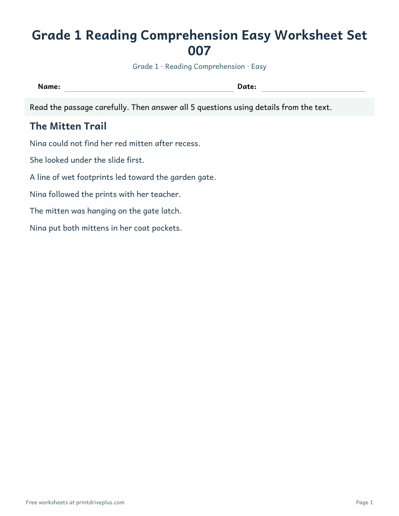 Preview of Grade 1 Reading Comprehension Easy Worksheet Set 007