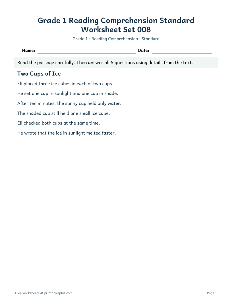 Preview of Grade 1 Reading Comprehension Standard Worksheet Set 008