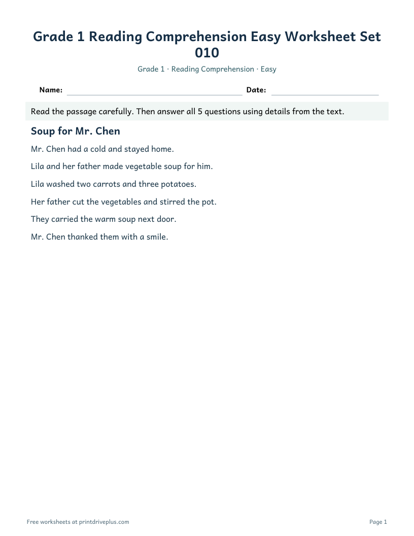 Preview of Grade 1 Reading Comprehension Easy Worksheet Set 010