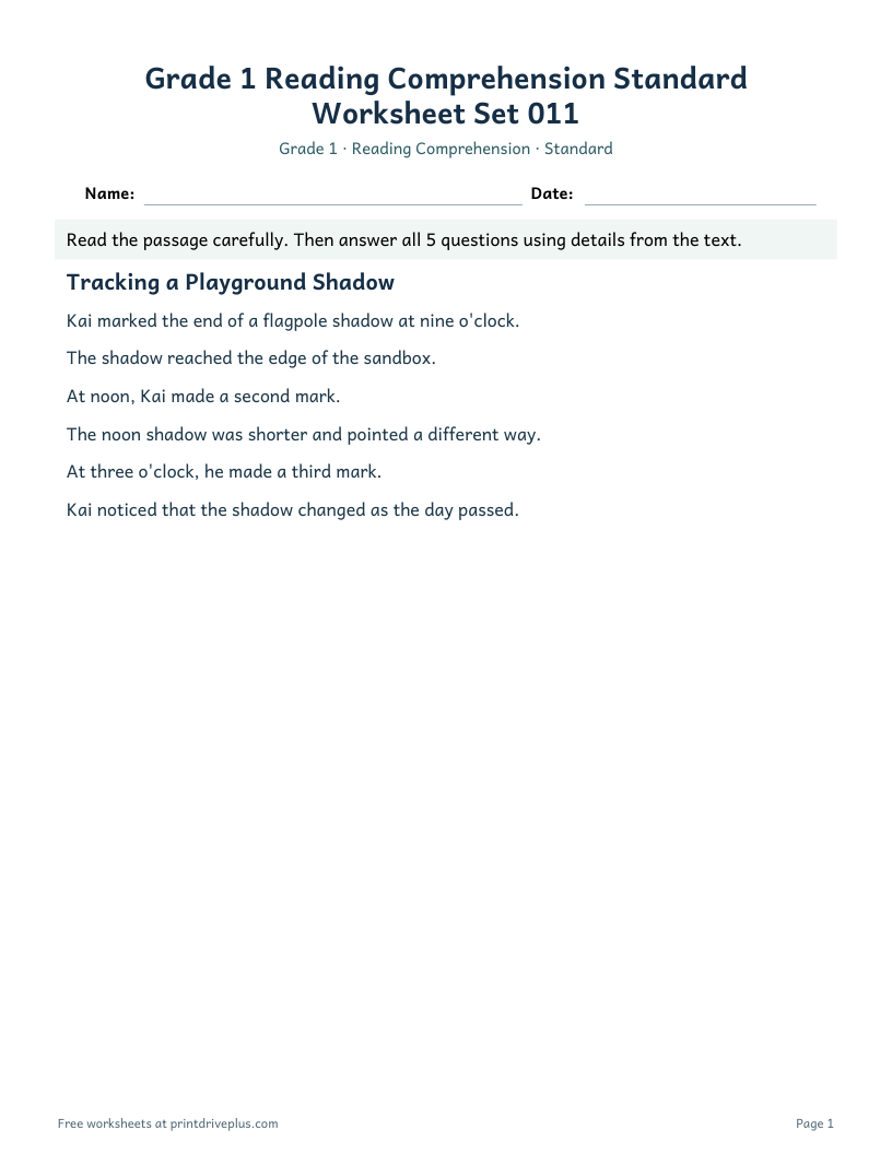 Preview of Grade 1 Reading Comprehension Standard Worksheet Set 011