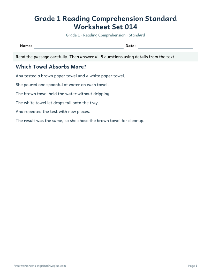 Preview of Grade 1 Reading Comprehension Standard Worksheet Set 014