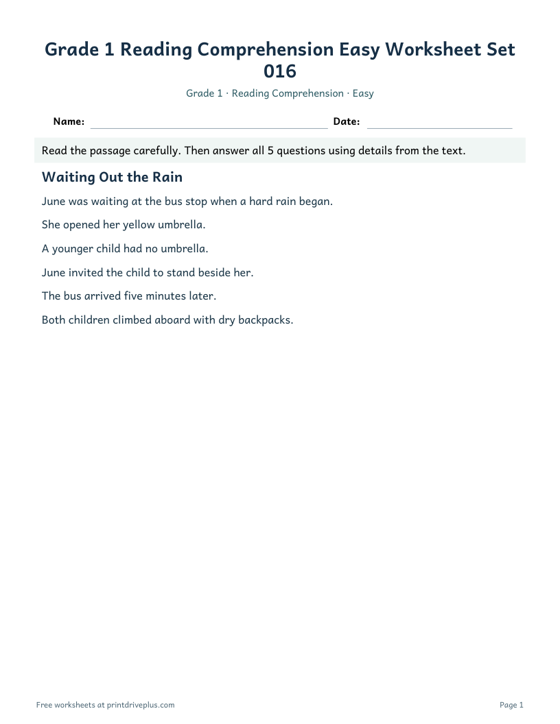 Preview of Grade 1 Reading Comprehension Easy Worksheet Set 016