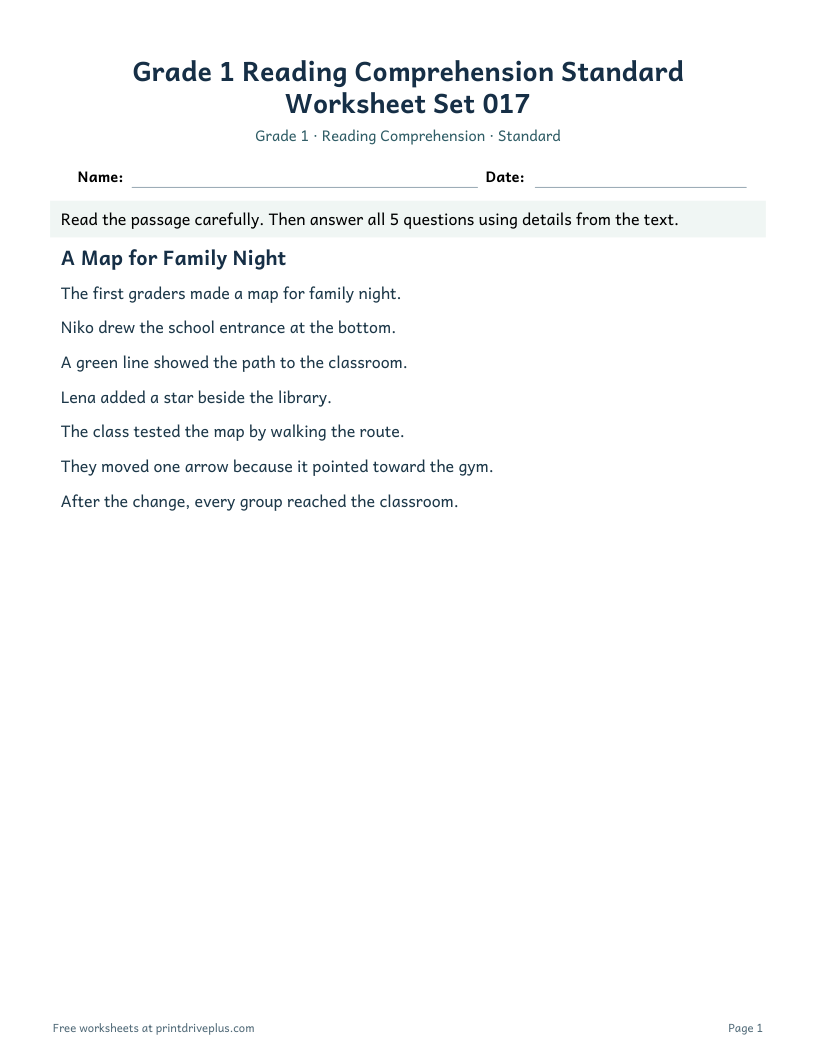 Preview of Grade 1 Reading Comprehension Standard Worksheet Set 017
