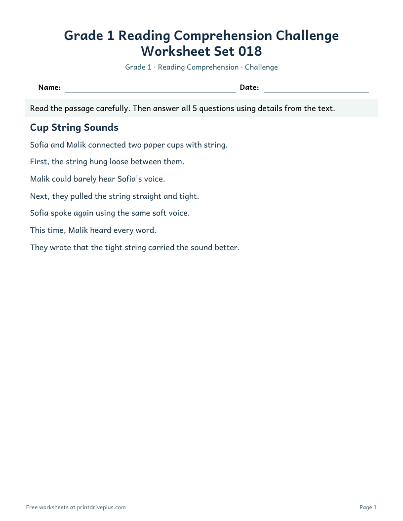 Preview of Grade 1 Reading Comprehension Challenge Worksheet Set 018