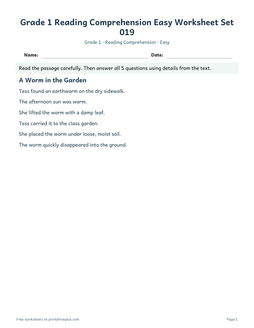 Preview of Grade 1 Reading Comprehension Easy Worksheet Set 019