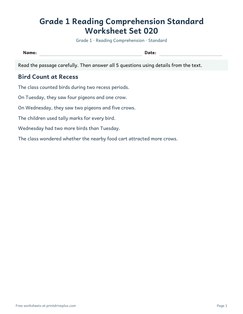 Preview of Grade 1 Reading Comprehension Standard Worksheet Set 020