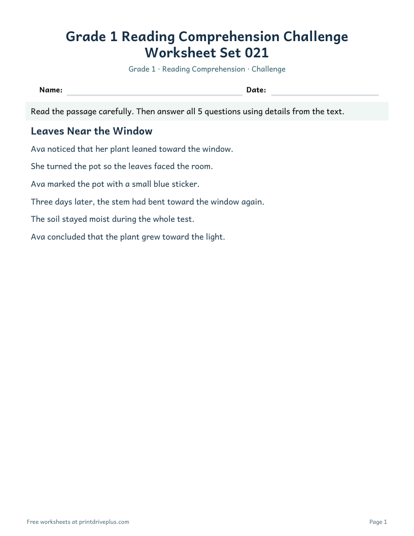 Preview of Grade 1 Reading Comprehension Challenge Worksheet Set 021