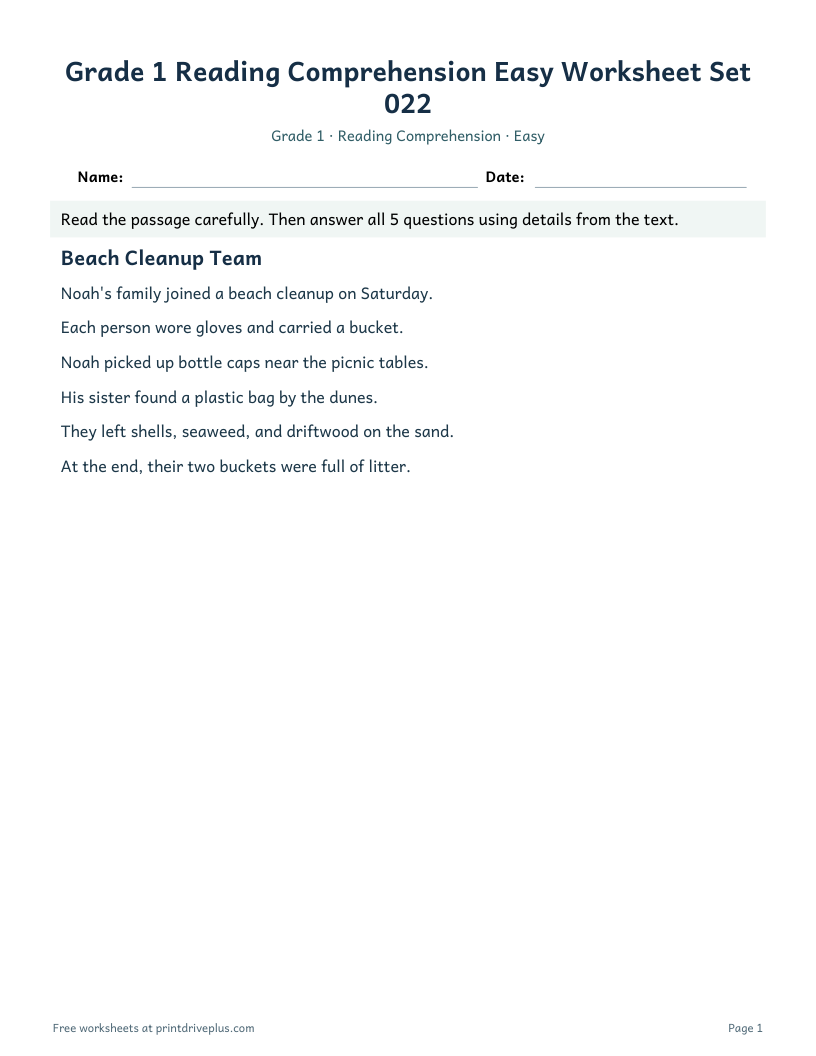 Preview of Grade 1 Reading Comprehension Easy Worksheet Set 022
