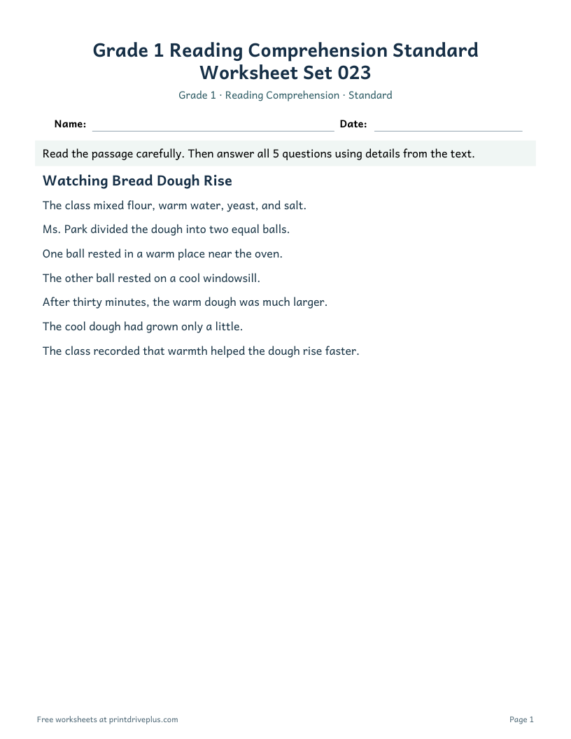 Preview of Grade 1 Reading Comprehension Standard Worksheet Set 023
