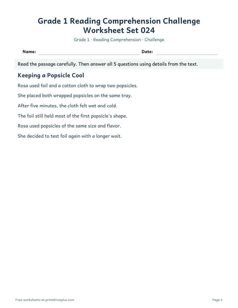 Preview of Grade 1 Reading Comprehension Challenge Worksheet Set 024