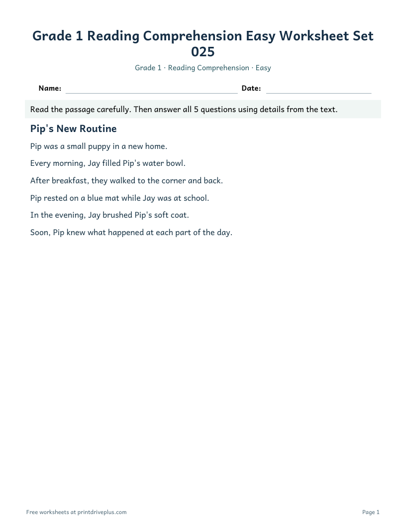 Preview of Grade 1 Reading Comprehension Easy Worksheet Set 025